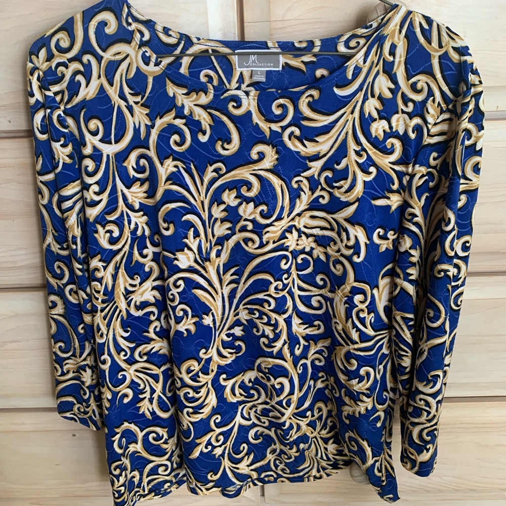 JM Collection Blue and Gold Swirl Blouse